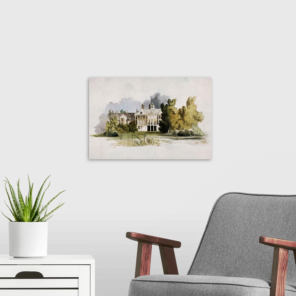 A modern room featuring A quaint forested estate in the country done in watercolor.