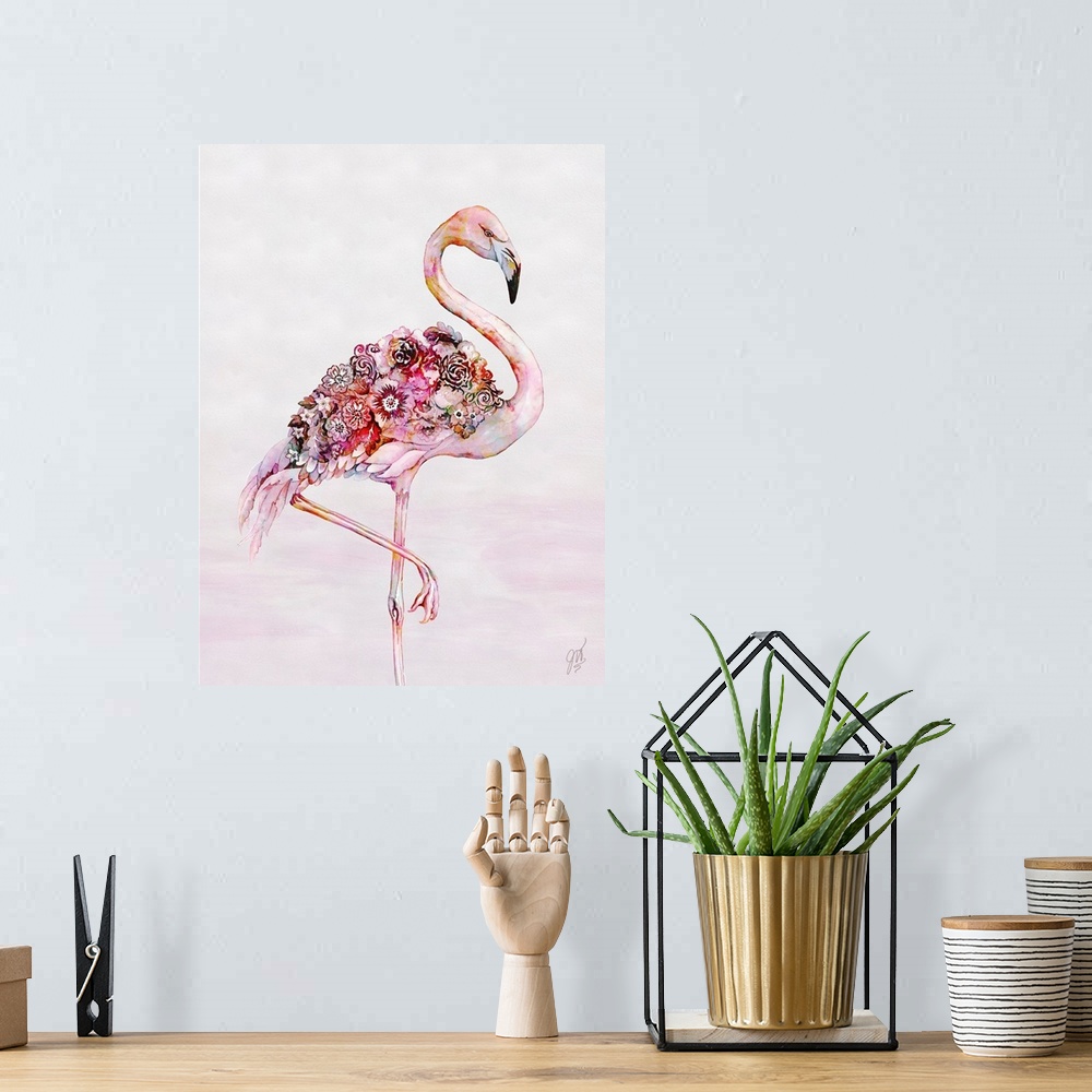 A bohemian room featuring A vibrant pink flamingo with flowers blooming from its back.