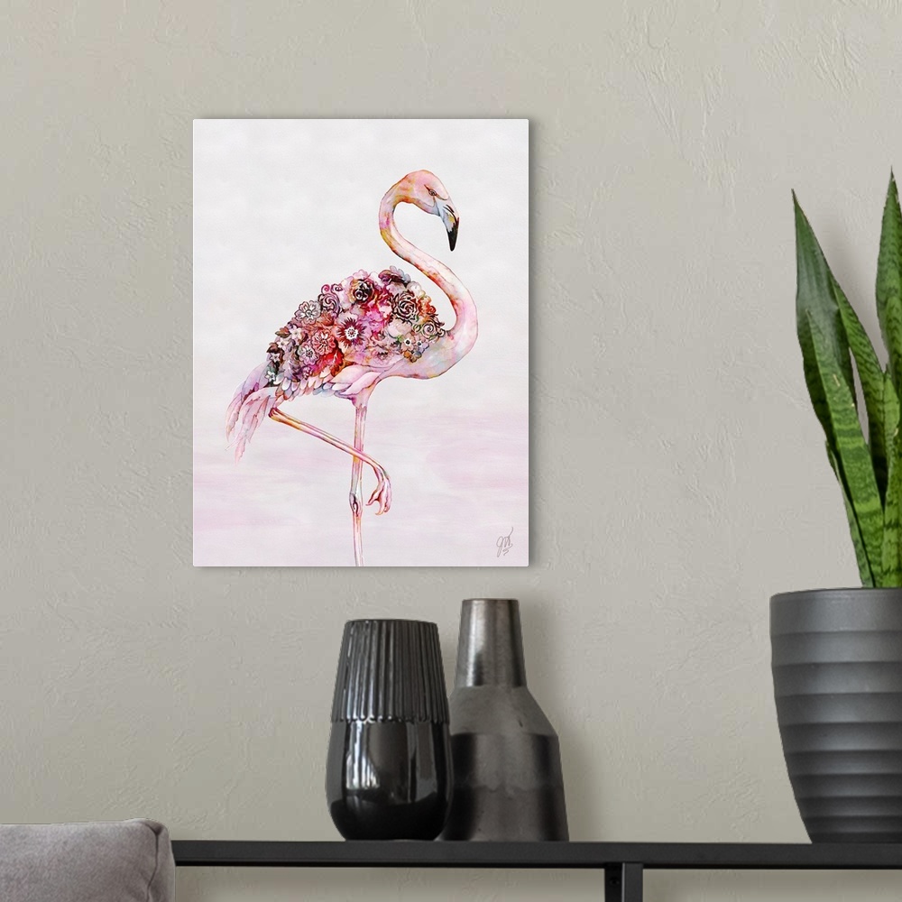A modern room featuring A vibrant pink flamingo with flowers blooming from its back.