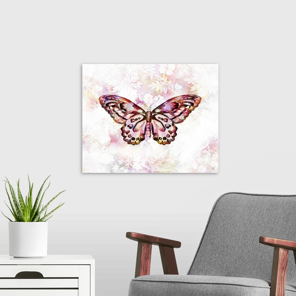A modern room featuring A butterfly rendered in vibrant watercolor over a modern floral background.
