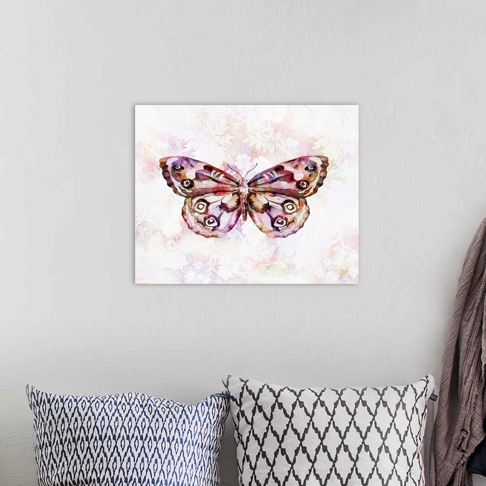 A bohemian room featuring A butterfly rendered in vibrant watercolor over a modern floral background.