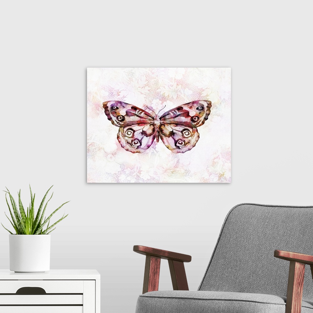 A modern room featuring A butterfly rendered in vibrant watercolor over a modern floral background.