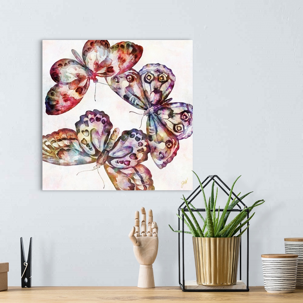 A bohemian room featuring A trio of butterflies rendered in vibrant watercolor over a modern floral background.