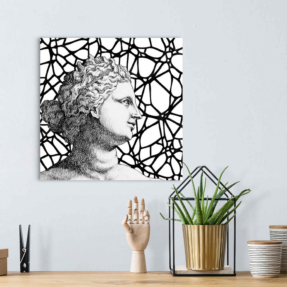 A bohemian room featuring A classical Greco-Roman bust of a woman over a modern graphic background.