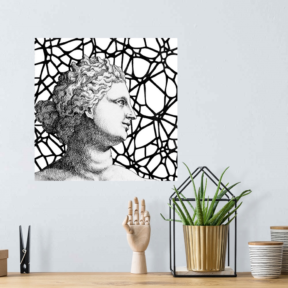 A bohemian room featuring A classical Greco-Roman bust of a woman over a modern graphic background.