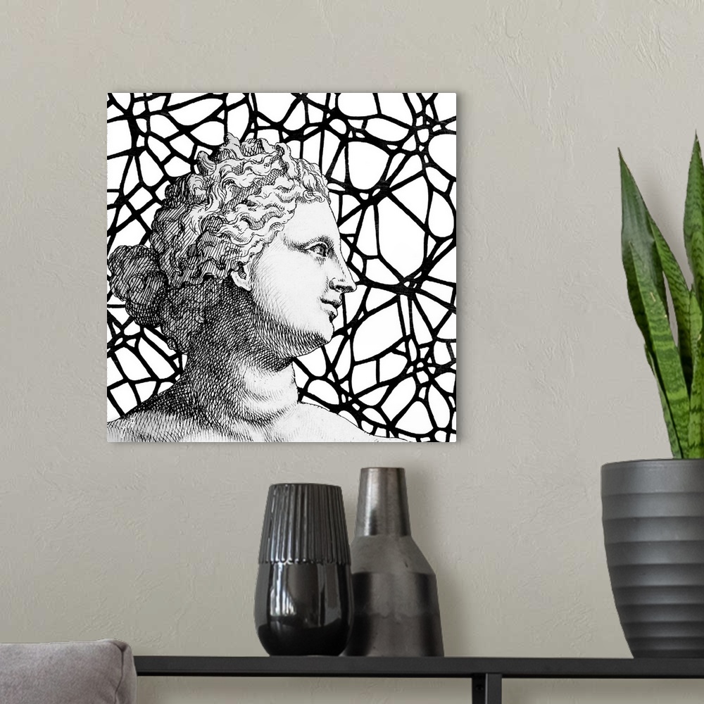 A modern room featuring A classical Greco-Roman bust of a woman over a modern graphic background.