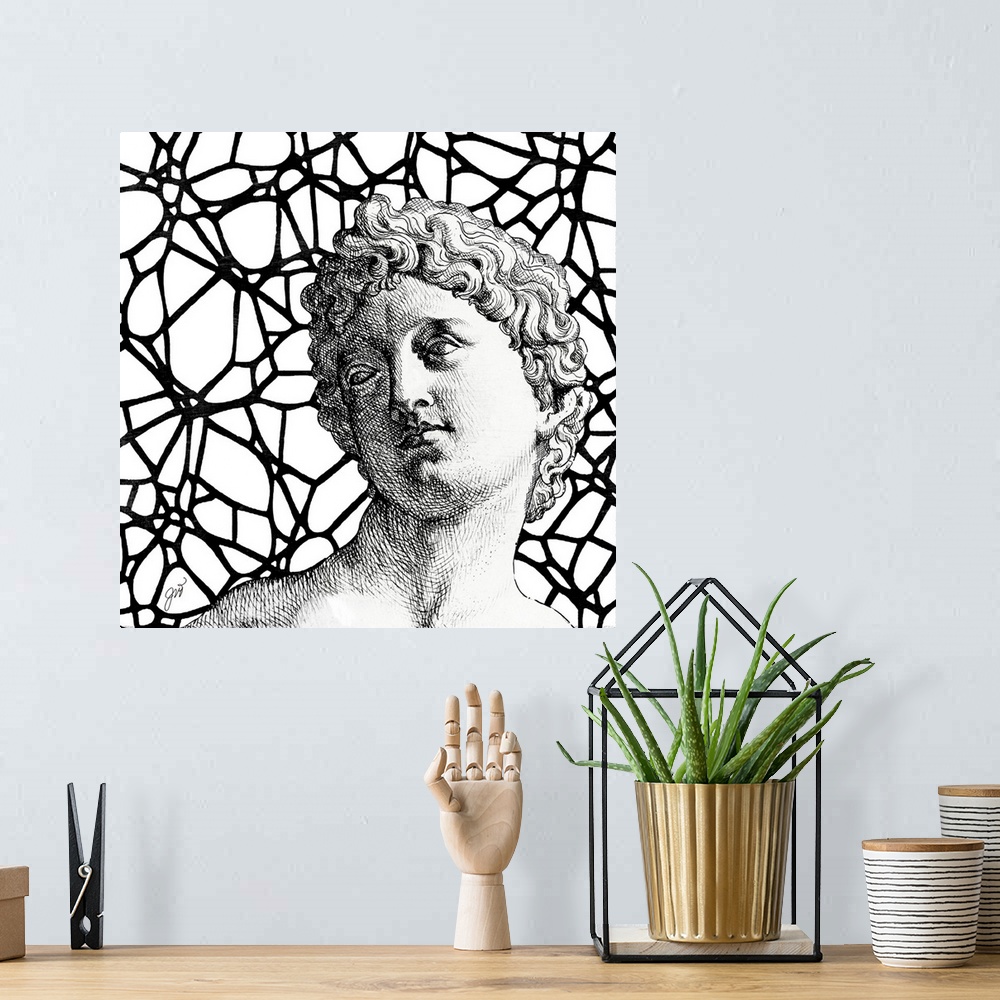 A bohemian room featuring A classical Greco-Roman bust of a man over a modern graphic background.