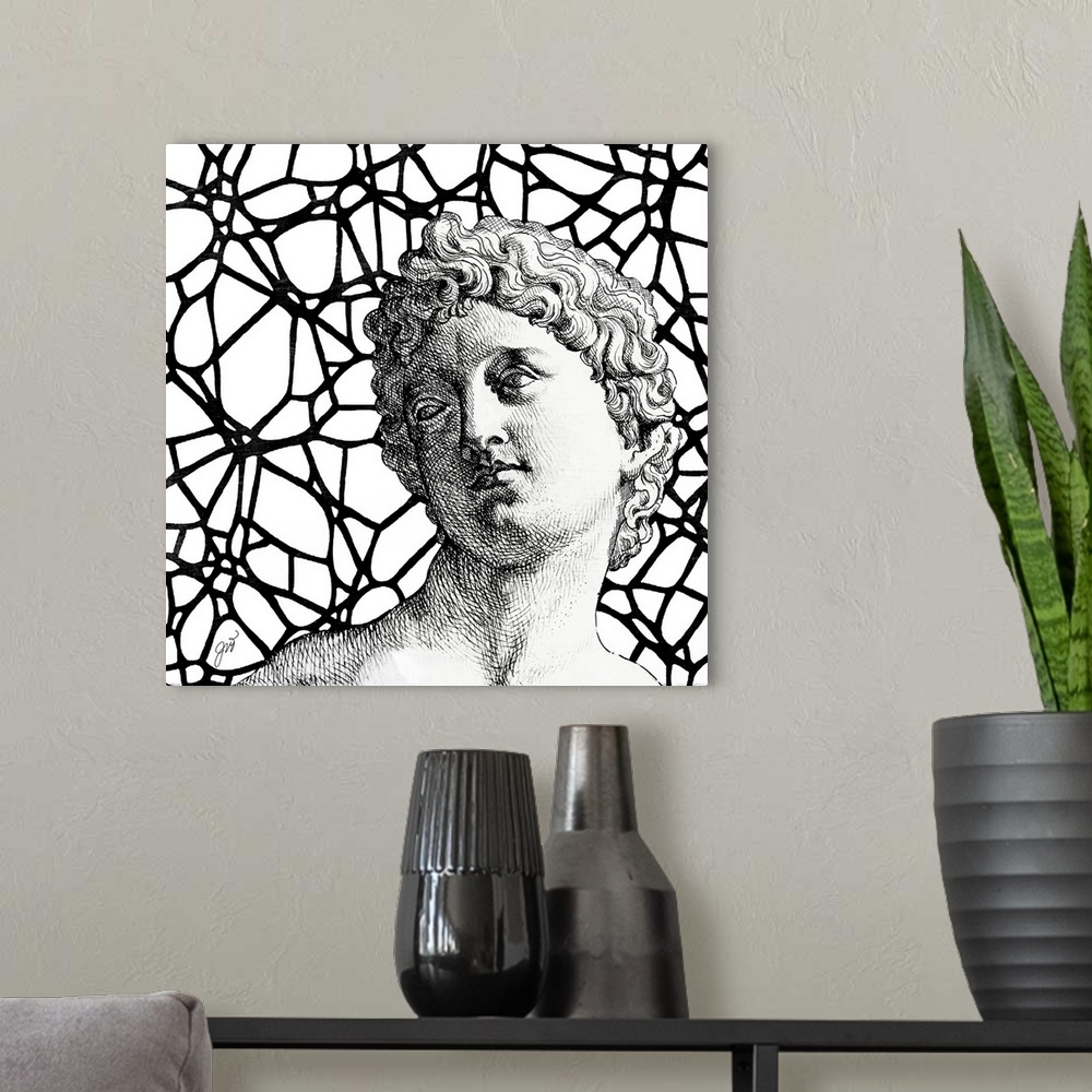 A modern room featuring A classical Greco-Roman bust of a man over a modern graphic background.
