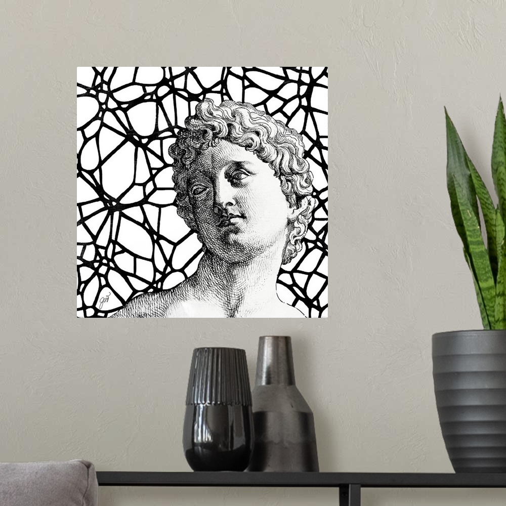 A modern room featuring A classical Greco-Roman bust of a man over a modern graphic background.