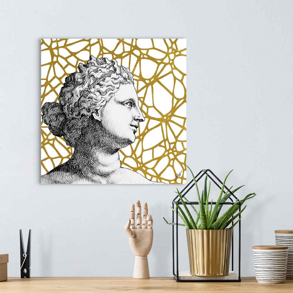 A bohemian room featuring A classical Greco-Roman bust over a golden modern graphic background.