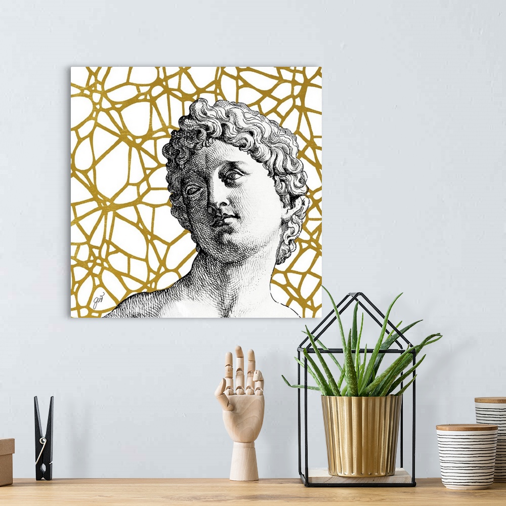 A bohemian room featuring A classical Greco-Roman bust over a golden modern graphic background.