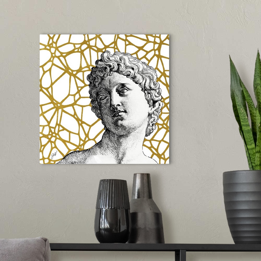 A modern room featuring A classical Greco-Roman bust over a golden modern graphic background.