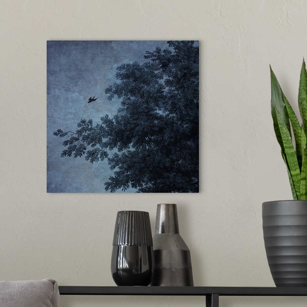 A modern room featuring A swallow dives from a lush tree in beautiful shades of indigo.