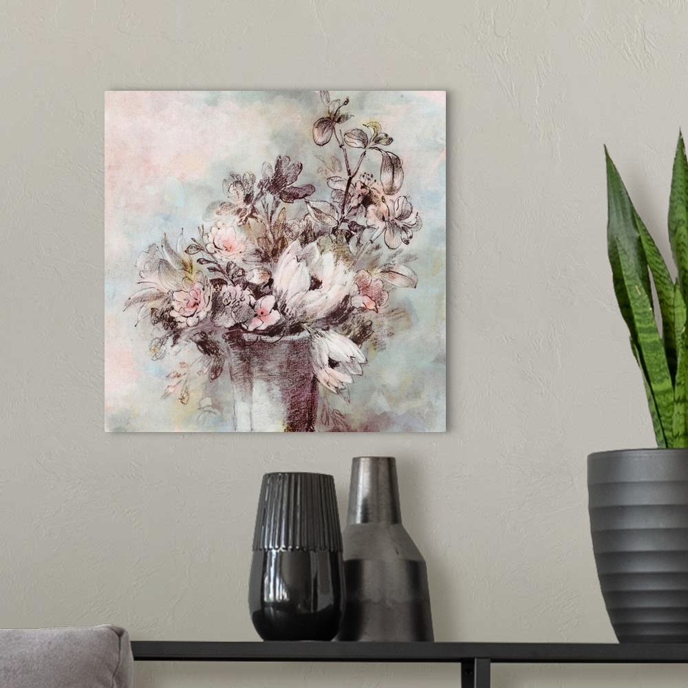 A modern room featuring A modern sketch of a vase full of flowers in shades of peach and turquoise.