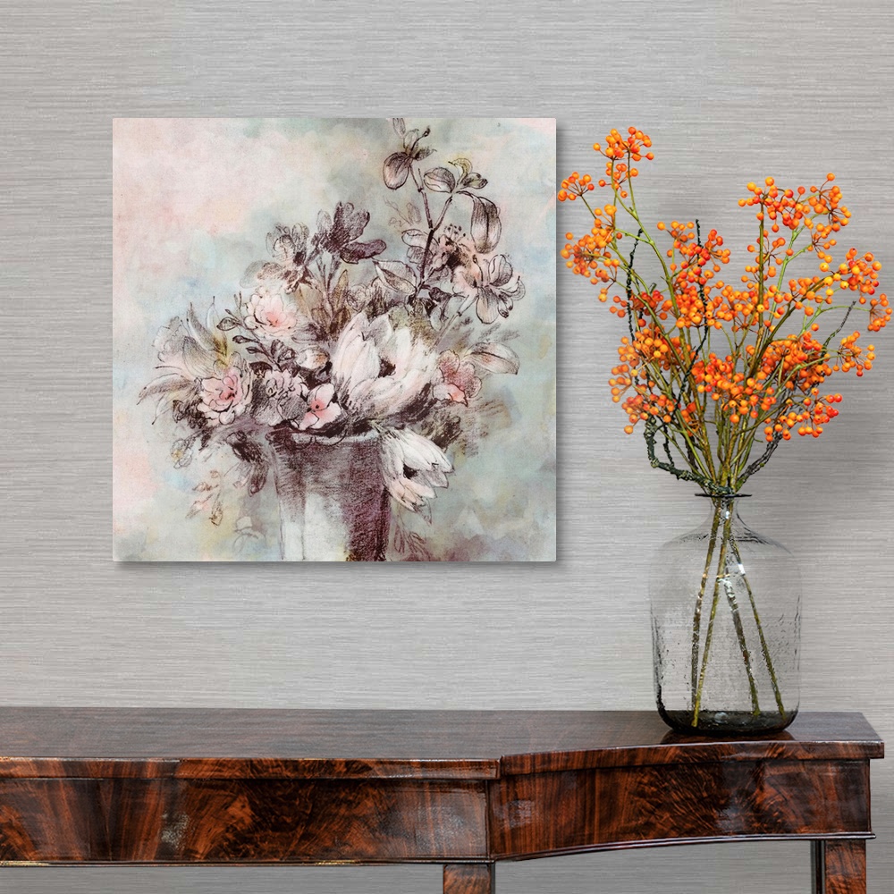 A traditional room featuring A modern sketch of a vase full of flowers in shades of peach and turquoise.