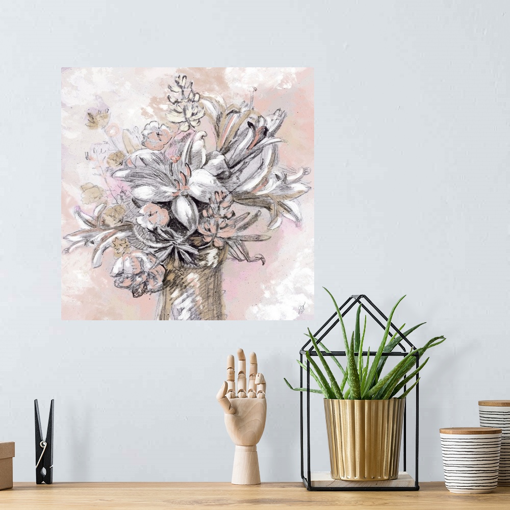A bohemian room featuring A modern sketch of a vase full of flowers in shades of pink and tan.