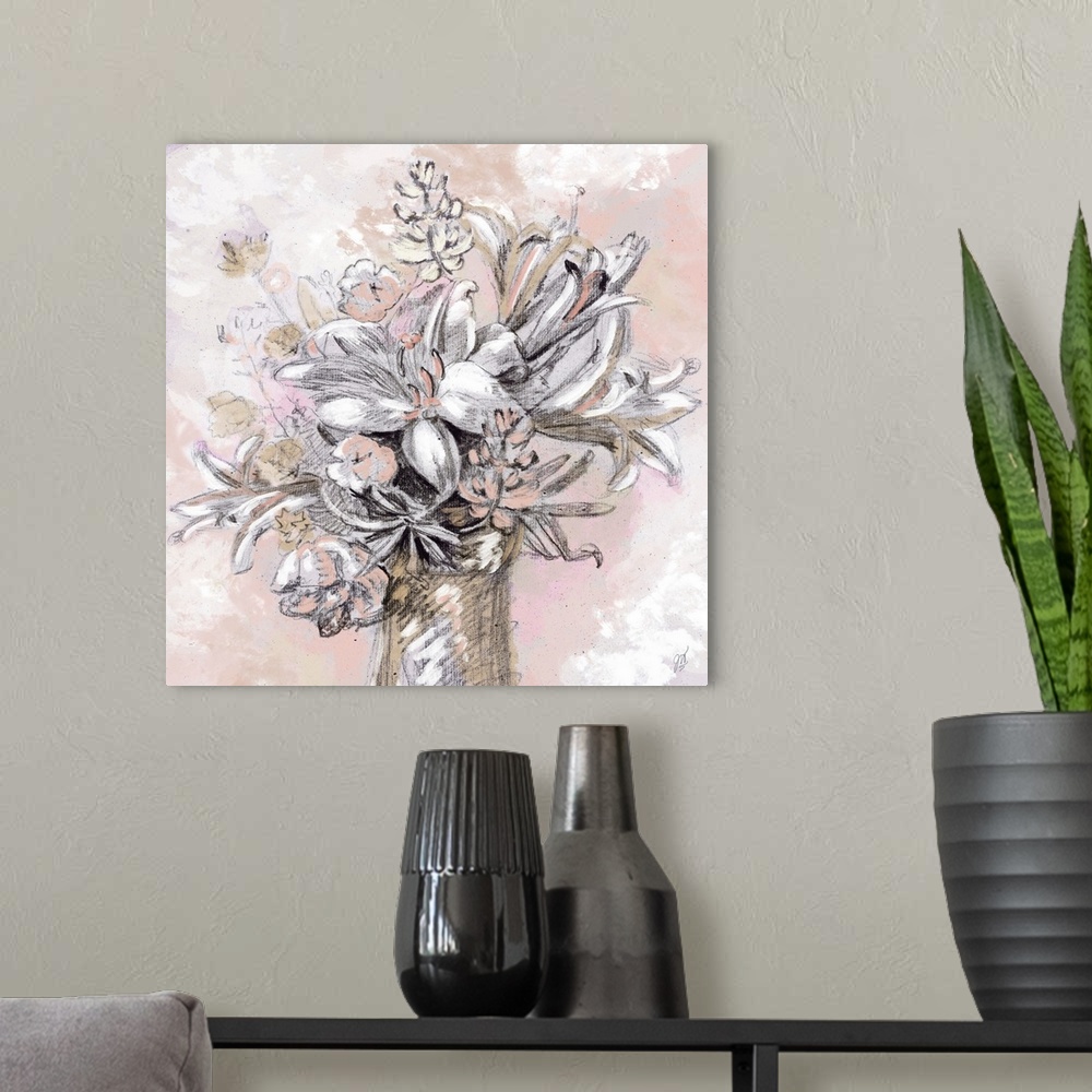 A modern room featuring A modern sketch of a vase full of flowers in shades of pink and tan.