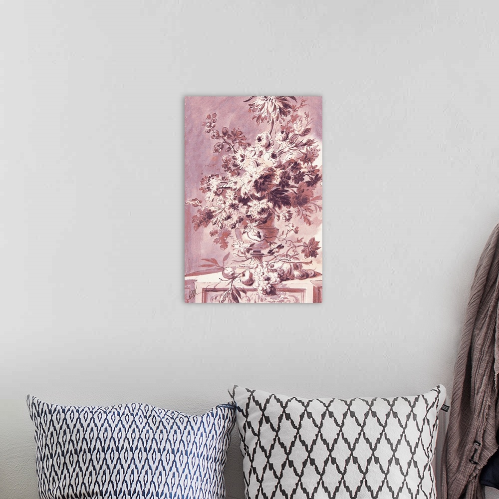 A bohemian room featuring An old world sketch of a floral arrangement in subtle shades of rust and pink.