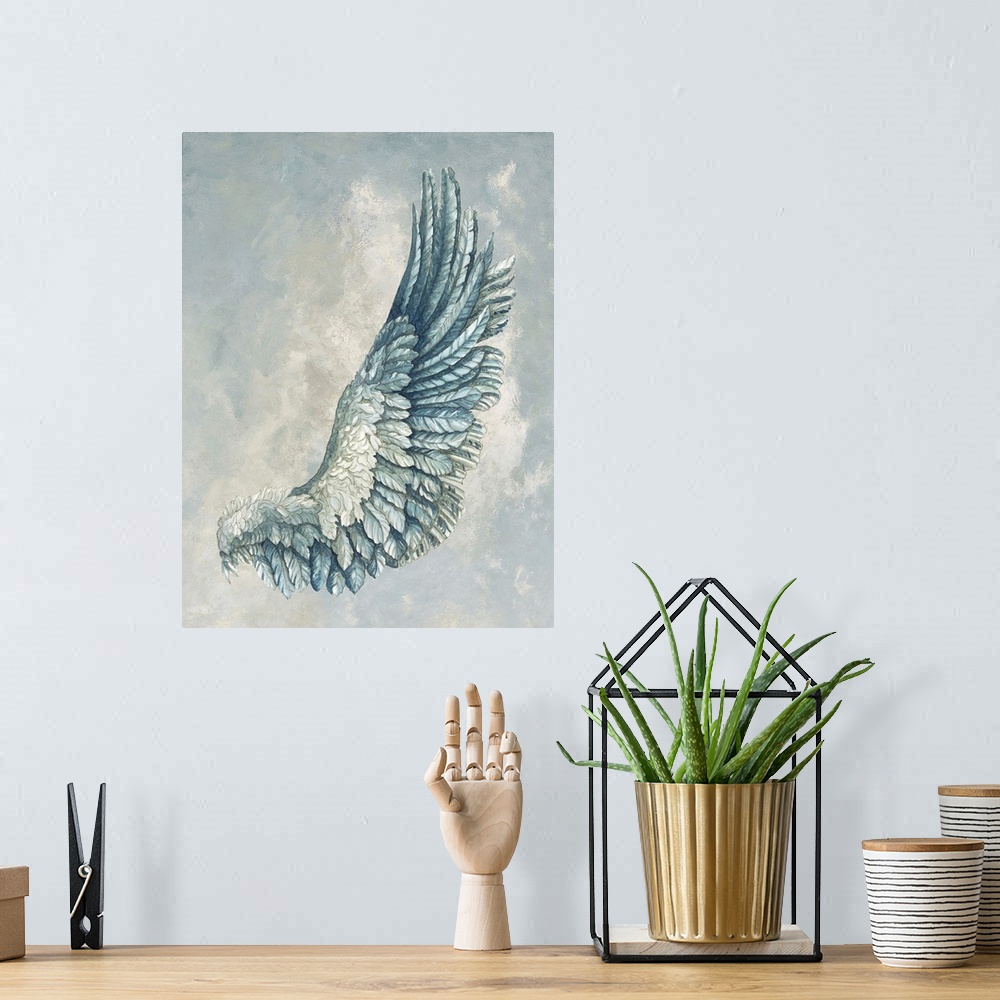 A bohemian room featuring An intricate watercolor of a birds wing over a cloudy background.