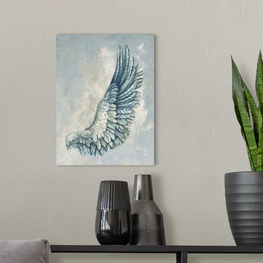 A modern room featuring An intricate watercolor of a birds wing over a cloudy background.