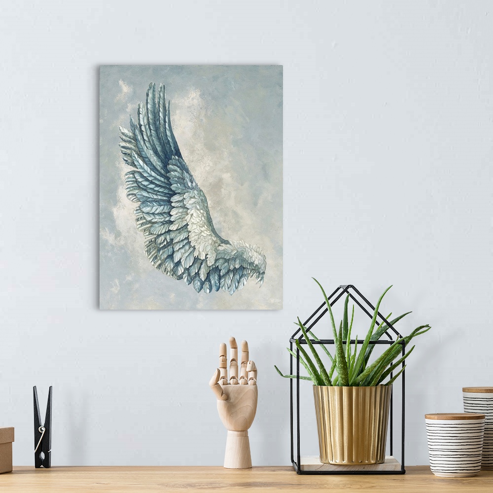 A bohemian room featuring An intricate watercolor of a birds wing over a cloudy background.