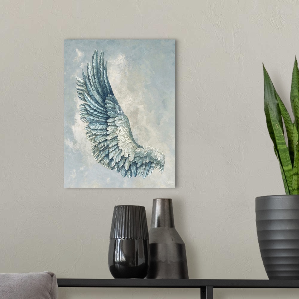 A modern room featuring An intricate watercolor of a birds wing over a cloudy background.