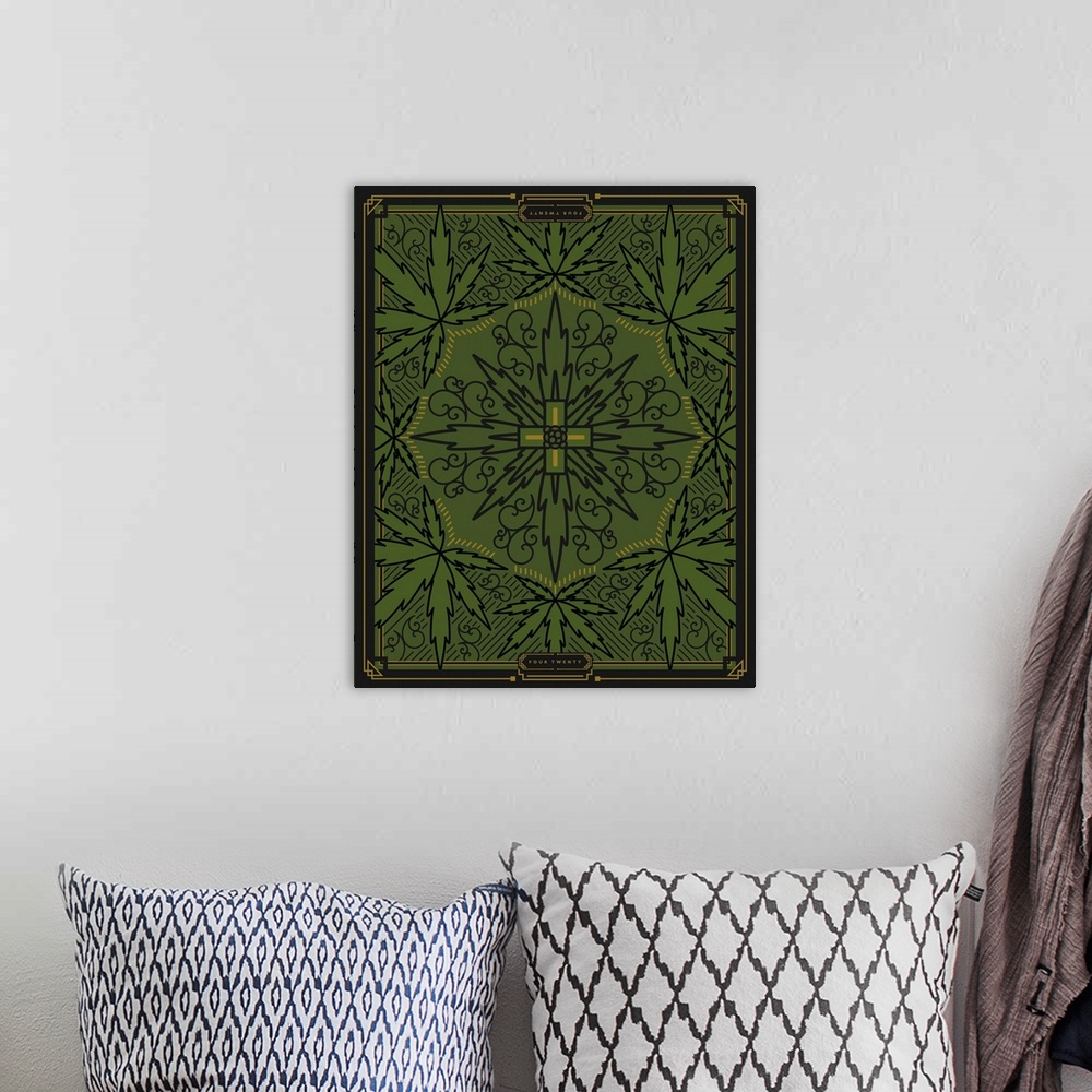 A bohemian room featuring Digital art painting of a poster titled 420 Green by JJ Brando.