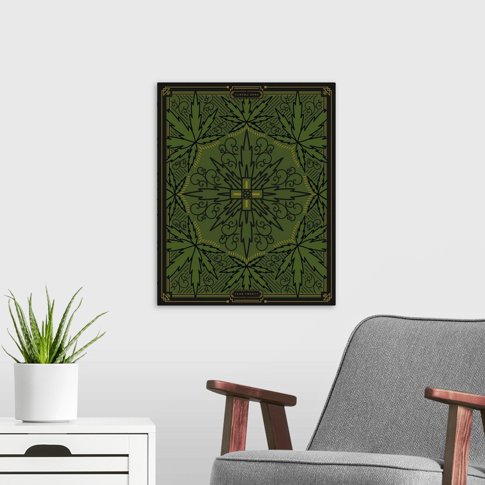 A modern room featuring Digital art painting of a poster titled 420 Green by JJ Brando.