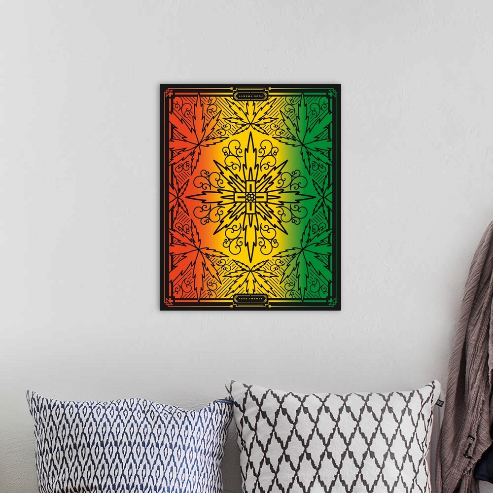 A bohemian room featuring Digital art painting of a poster titled 420 Rasta by JJ Brando.