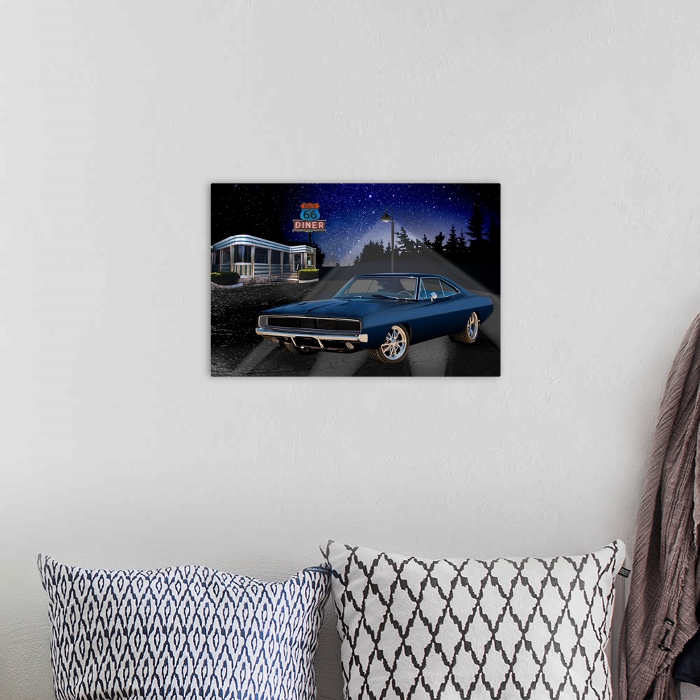 A bohemian room featuring Digital art painting of a classic dark blue sportscar parked outside the Route 66 Diner by Helen ...