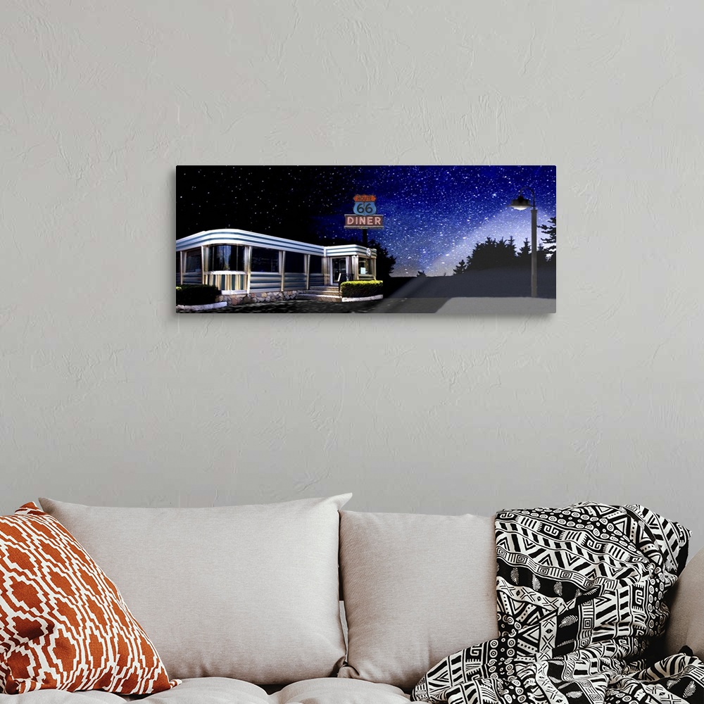 A bohemian room featuring Digital art painting of the classic Route 66 Diner with a background sky of stars.