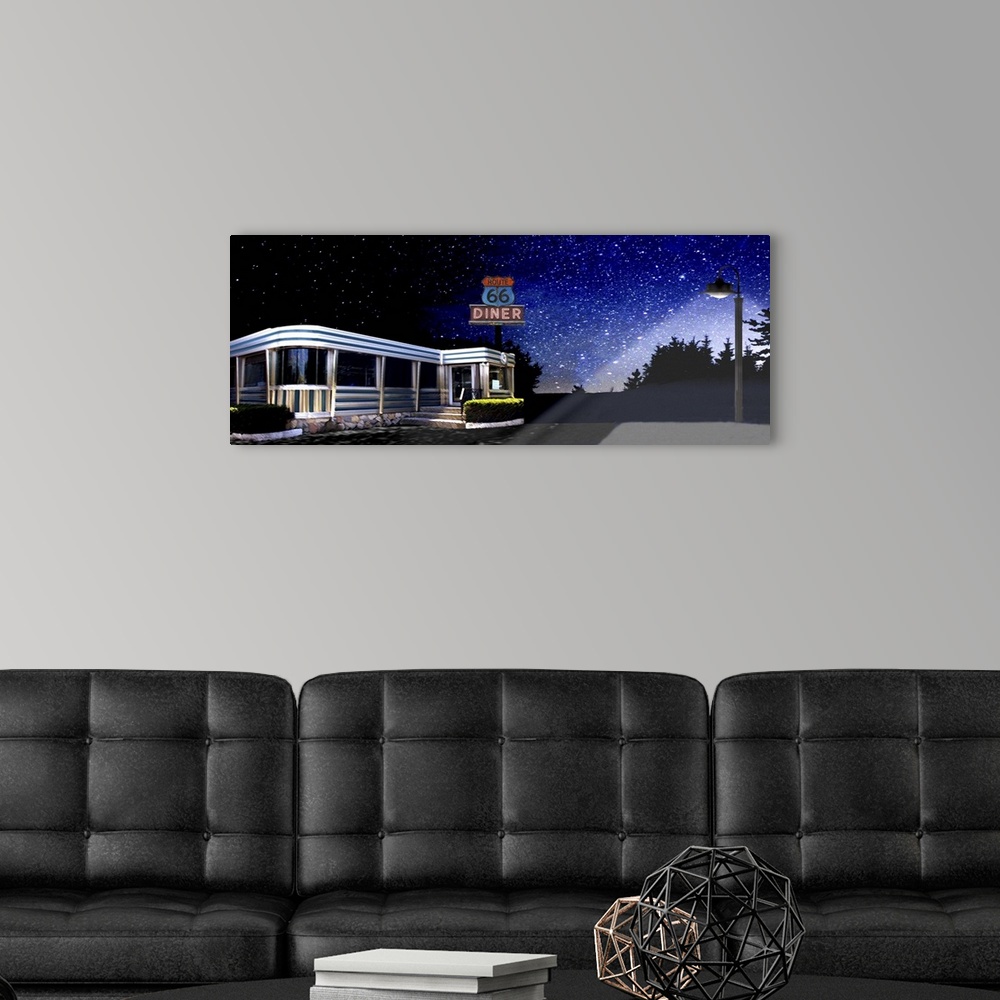 A modern room featuring Digital art painting of the classic Route 66 Diner with a background sky of stars.