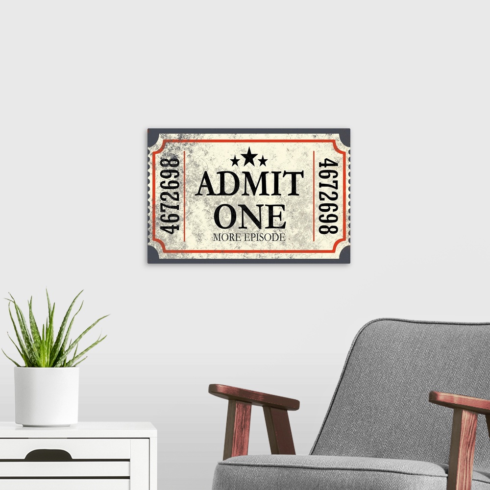 A modern room featuring Digital art painting of a poster titled Admit One by JJ Brando.