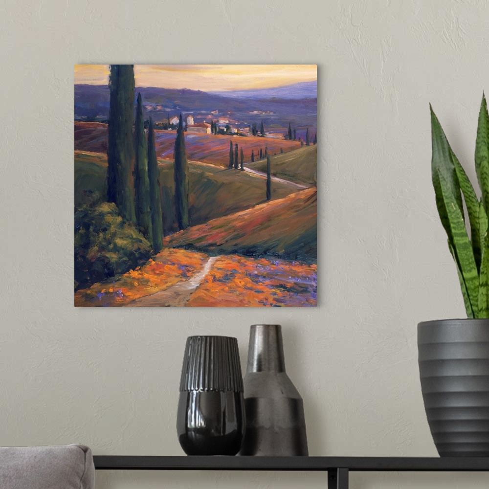 A modern room featuring Fine art painting of a warm sunlit afternoon in Italy.
