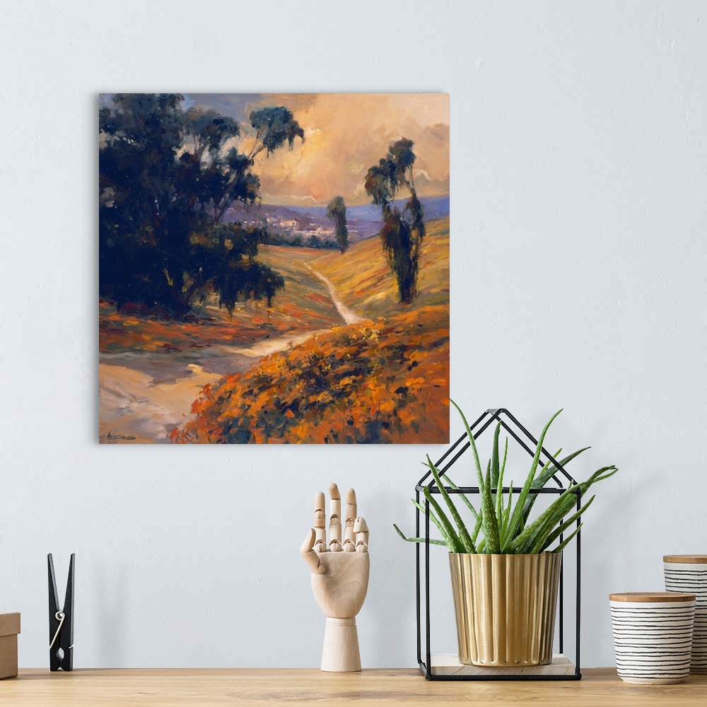 A bohemian room featuring Fine art painting of a warm sunlit afternoon in Italy.