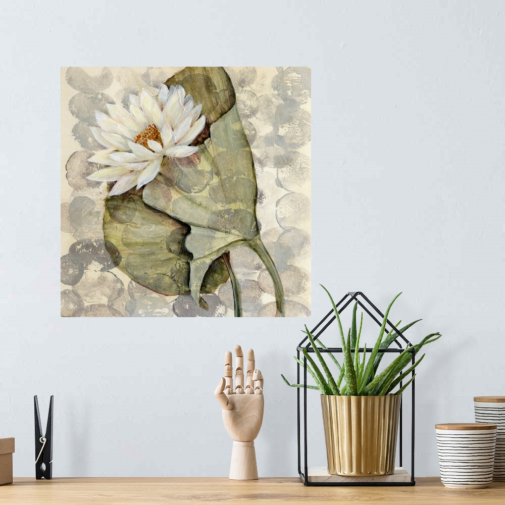 A bohemian room featuring Fine art painting of layered leaves and flowers on a gray patterned background by Amore.