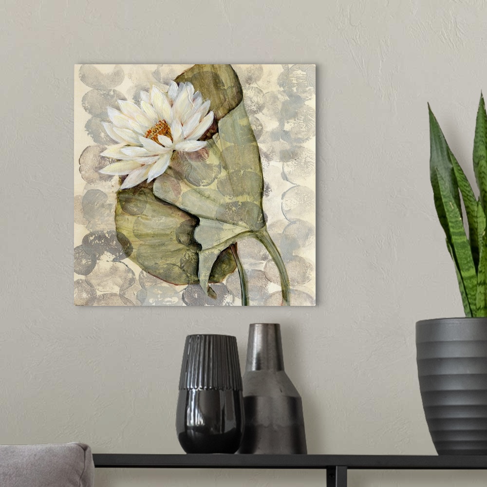 A modern room featuring Fine art painting of layered leaves and flowers on a gray patterned background by Amore.