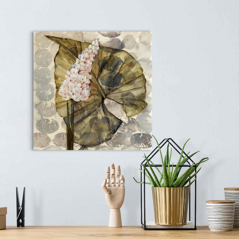 A bohemian room featuring Fine art painting of layered leaves and flowers on a gray patterned background by Amore.