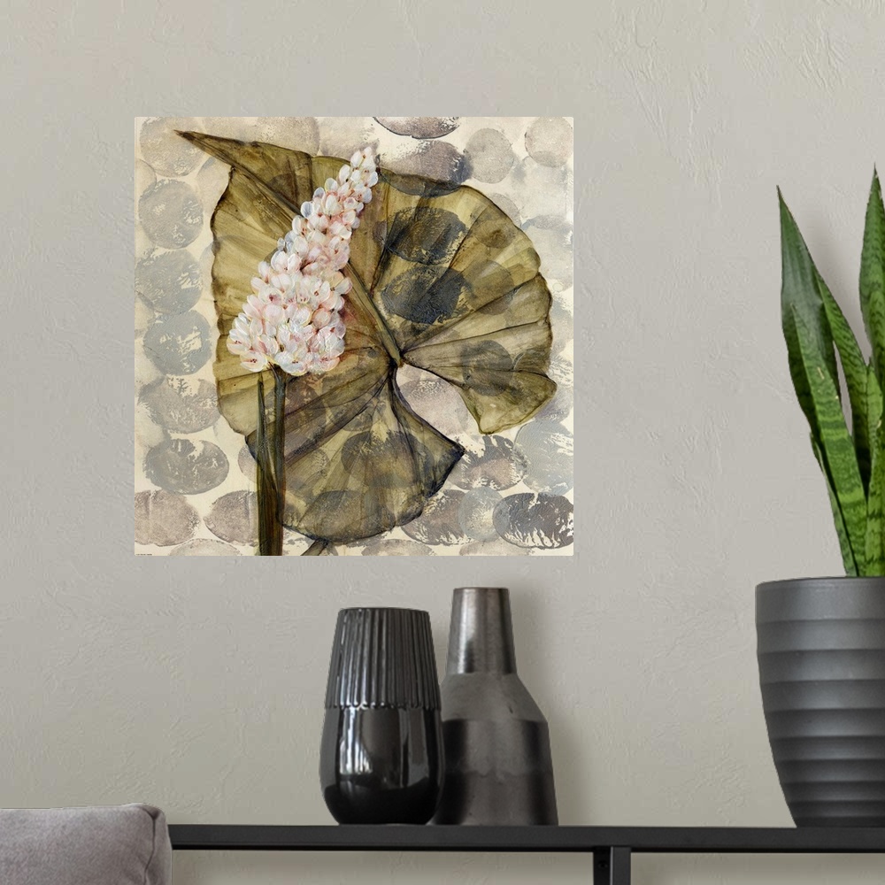 A modern room featuring Fine art painting of layered leaves and flowers on a gray patterned background by Amore.