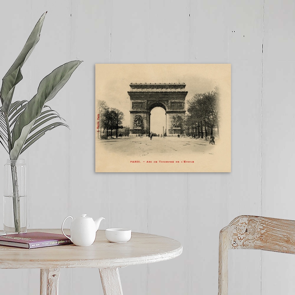 A farmhouse room featuring Vintage postcard of the Arc de Triomphe in Paris, France.