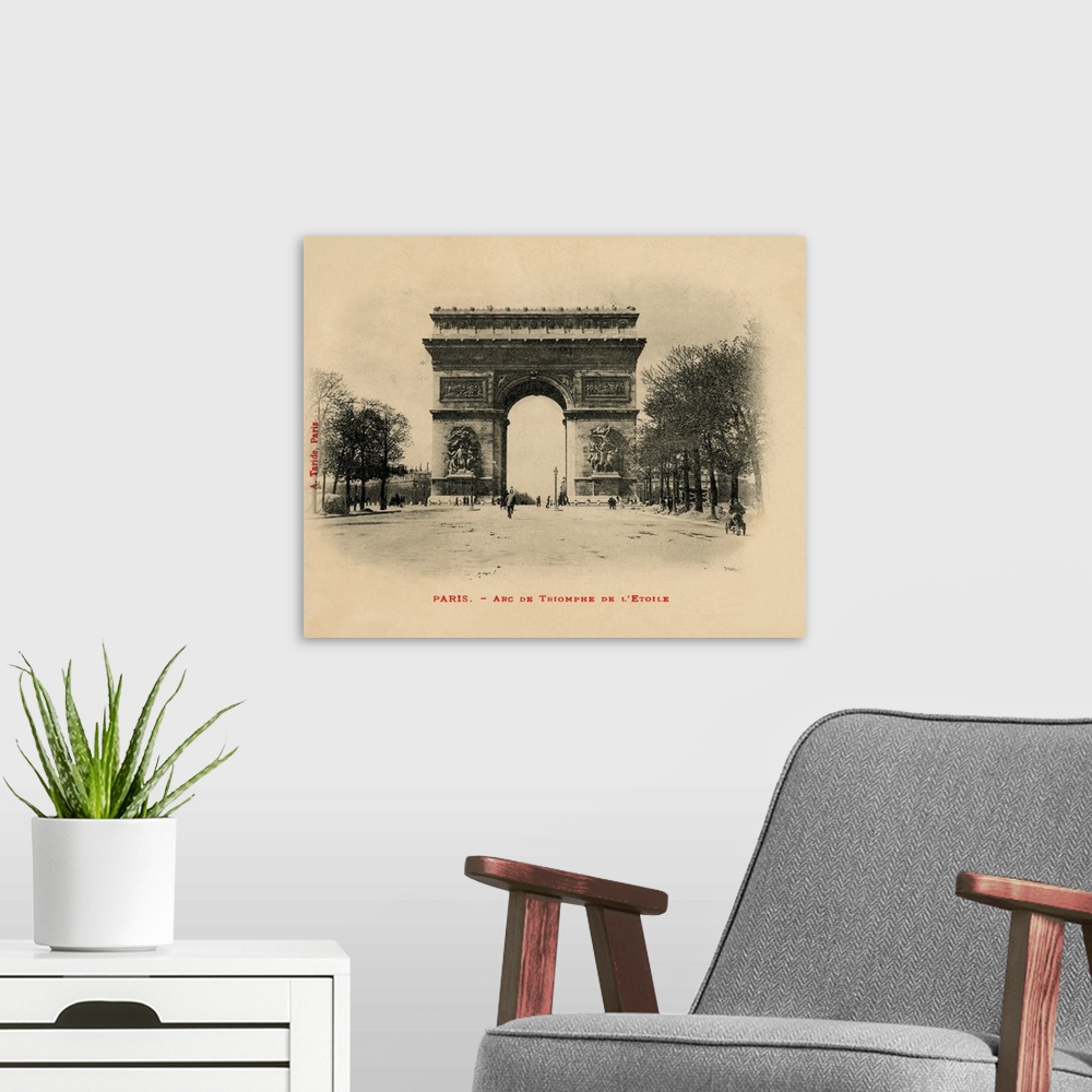 A modern room featuring Vintage postcard of the Arc de Triomphe in Paris, France.