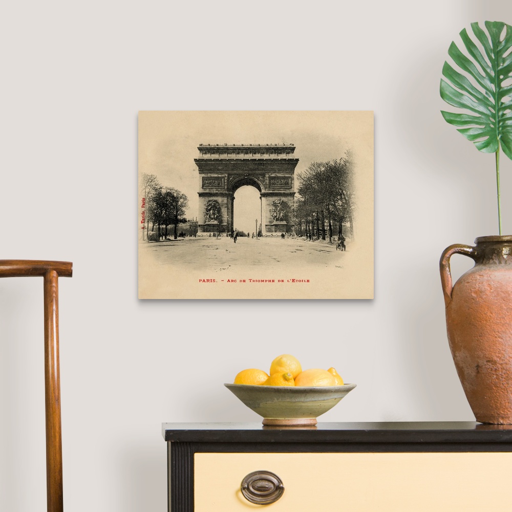 A traditional room featuring Vintage postcard of the Arc de Triomphe in Paris, France.