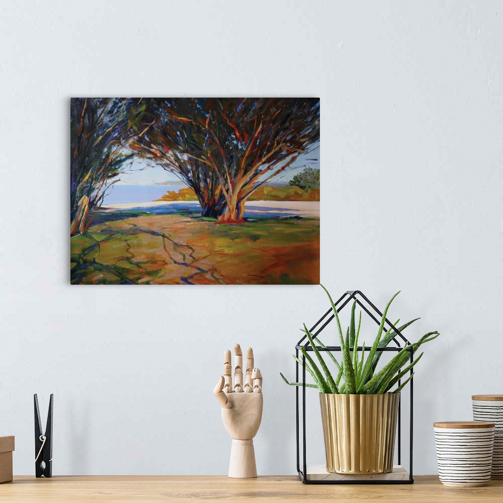 A bohemian room featuring Contemporary painting reminiscent of a Van Gogh painting of Arles.