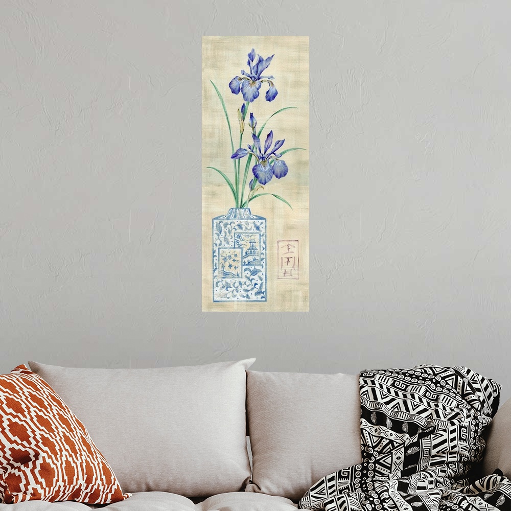 A bohemian room featuring Digital art painting of an Asian floral display in vase against a light colored background.