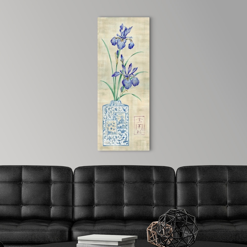 A modern room featuring Digital art painting of an Asian floral display in vase against a light colored background.