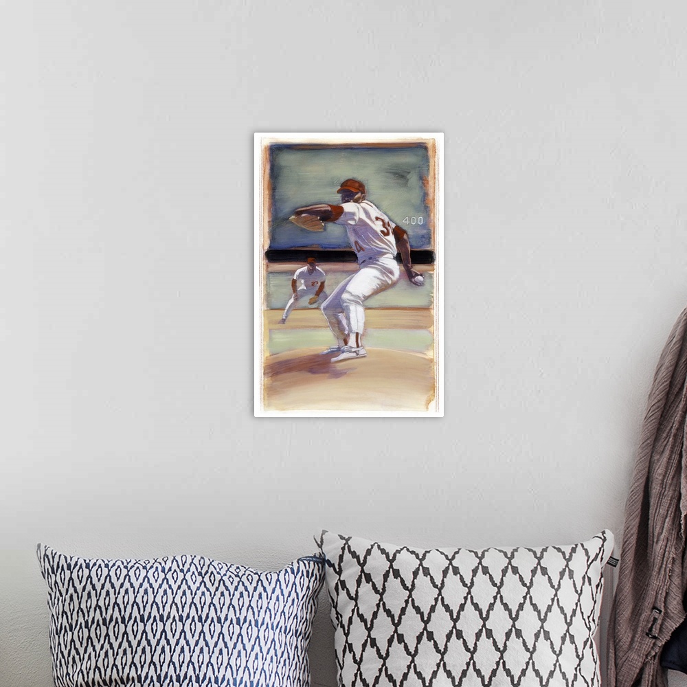 A bohemian room featuring Fine art sports painting of a pitcher on the mound by Bruce Dean.