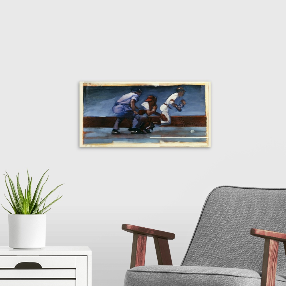 A modern room featuring Fine art sports painting of a baseball player at bat by Bruce Dean.