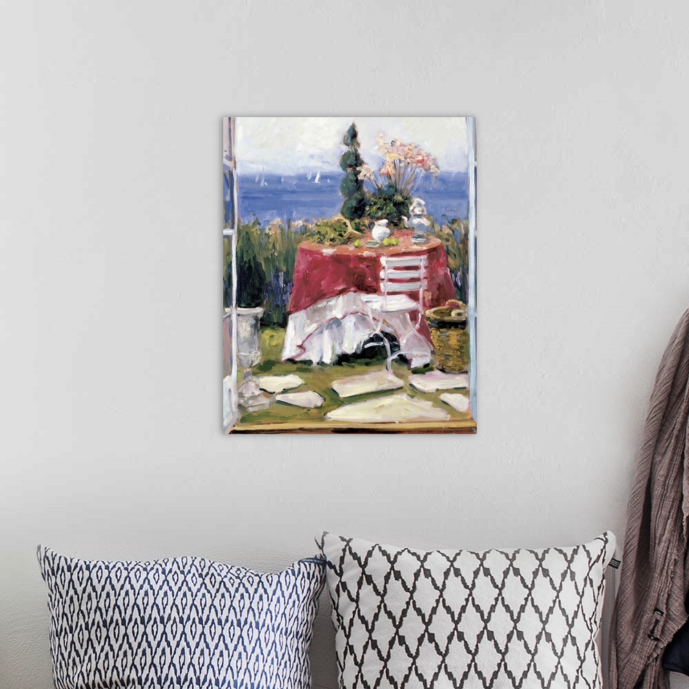 A bohemian room featuring Fine art oil painting landscape of a seaside cottage with open French windows looking out over a ...