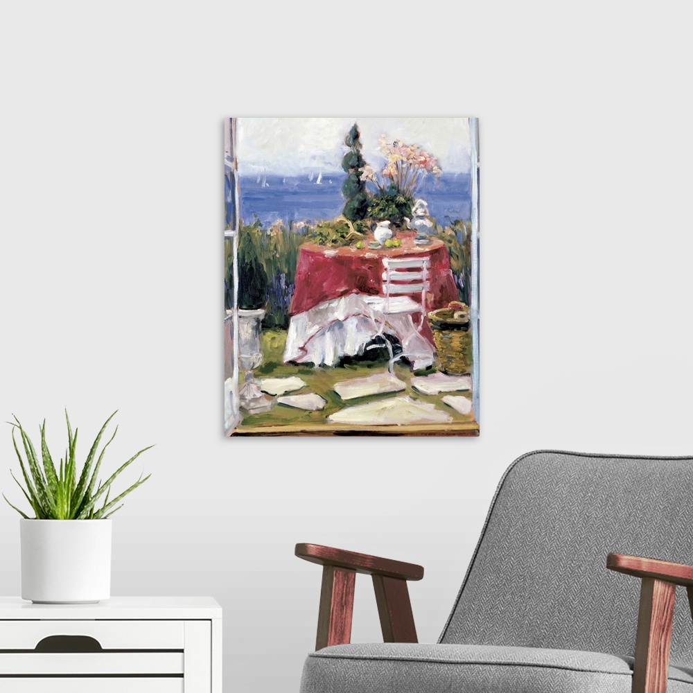 A modern room featuring Fine art oil painting landscape of a seaside cottage with open French windows looking out over a ...