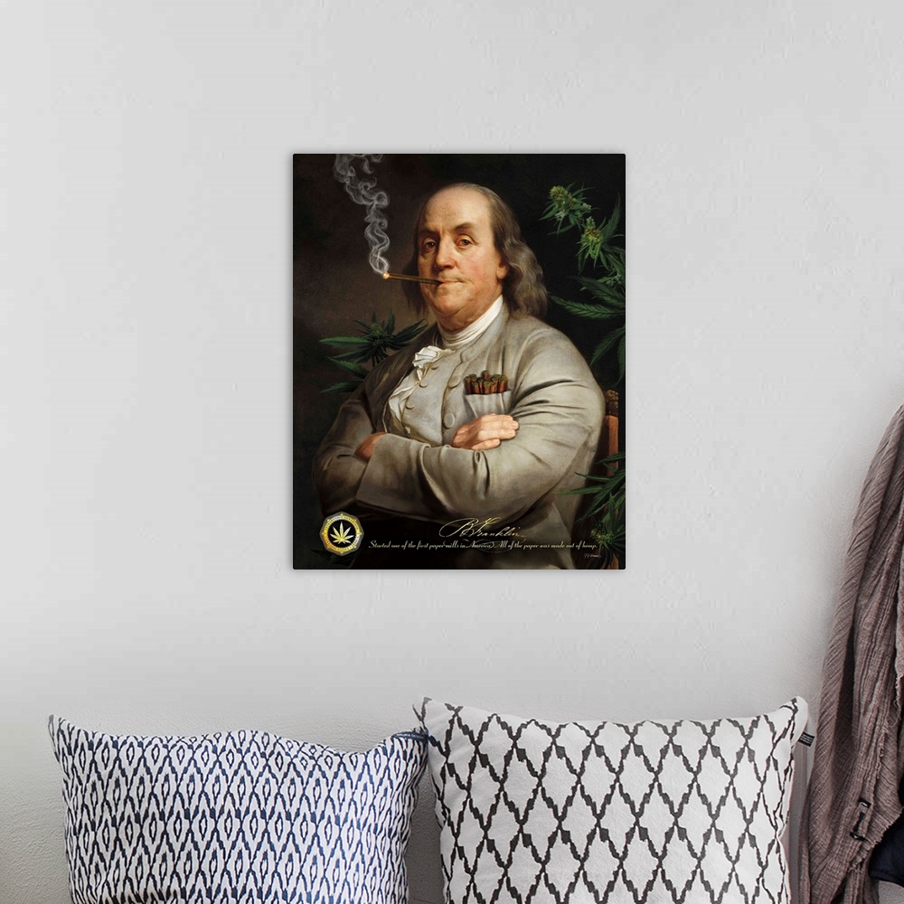 A bohemian room featuring Digital art painting of a poster titled Ben's Cigar by JJ Brando. Ben Franklin surrounded by mari...